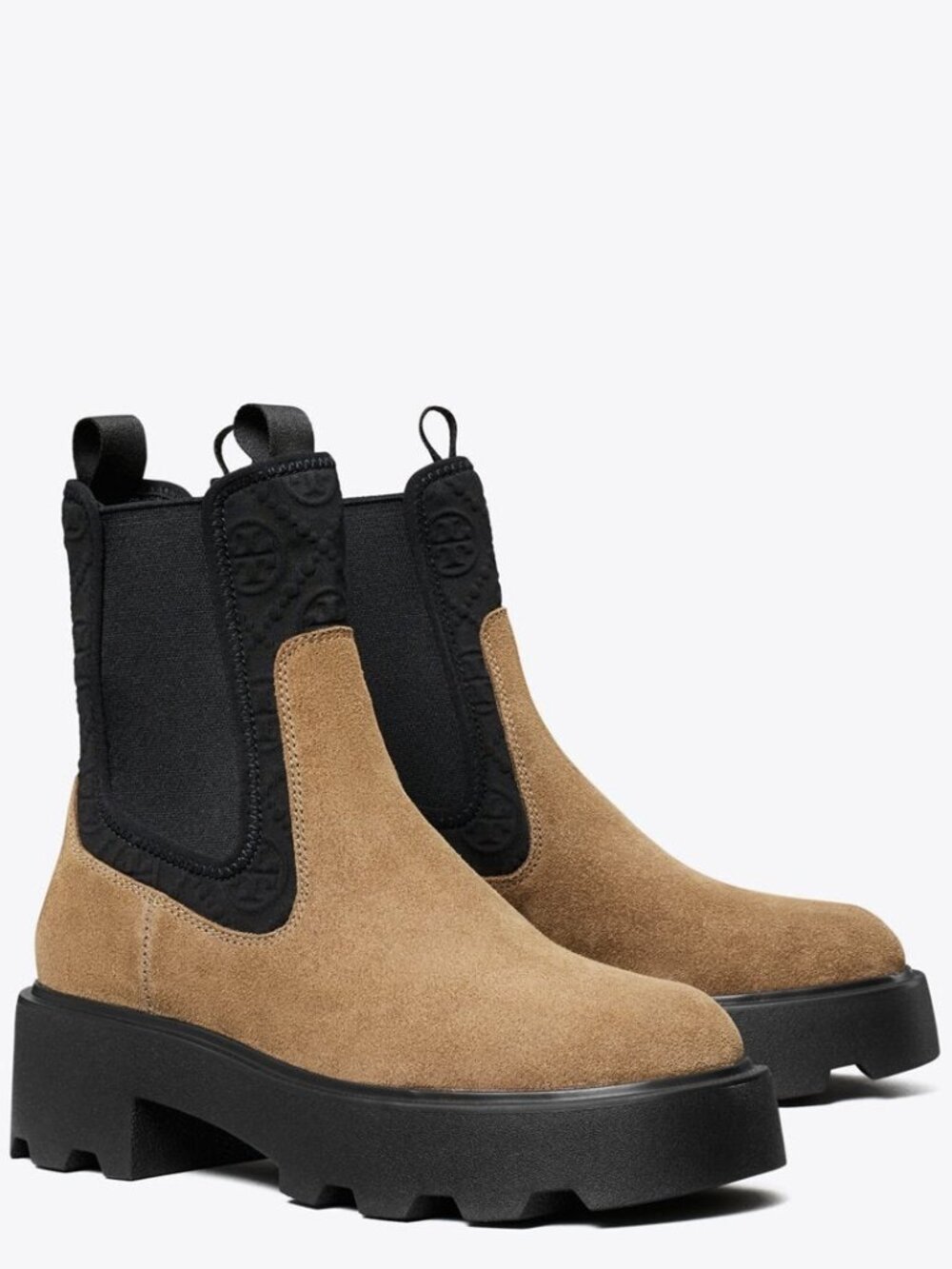 Tory Burch NEW Tan River Rock suede Monogram Chelsea Stretchy Boots, 8.5M